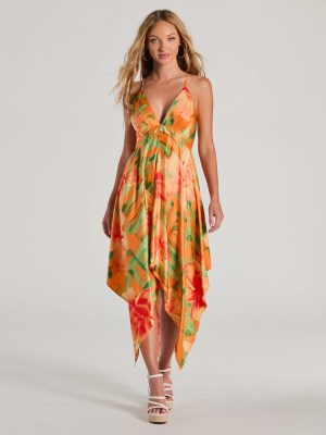 Paradise Bound Tropical Floral Satin Midi Dress