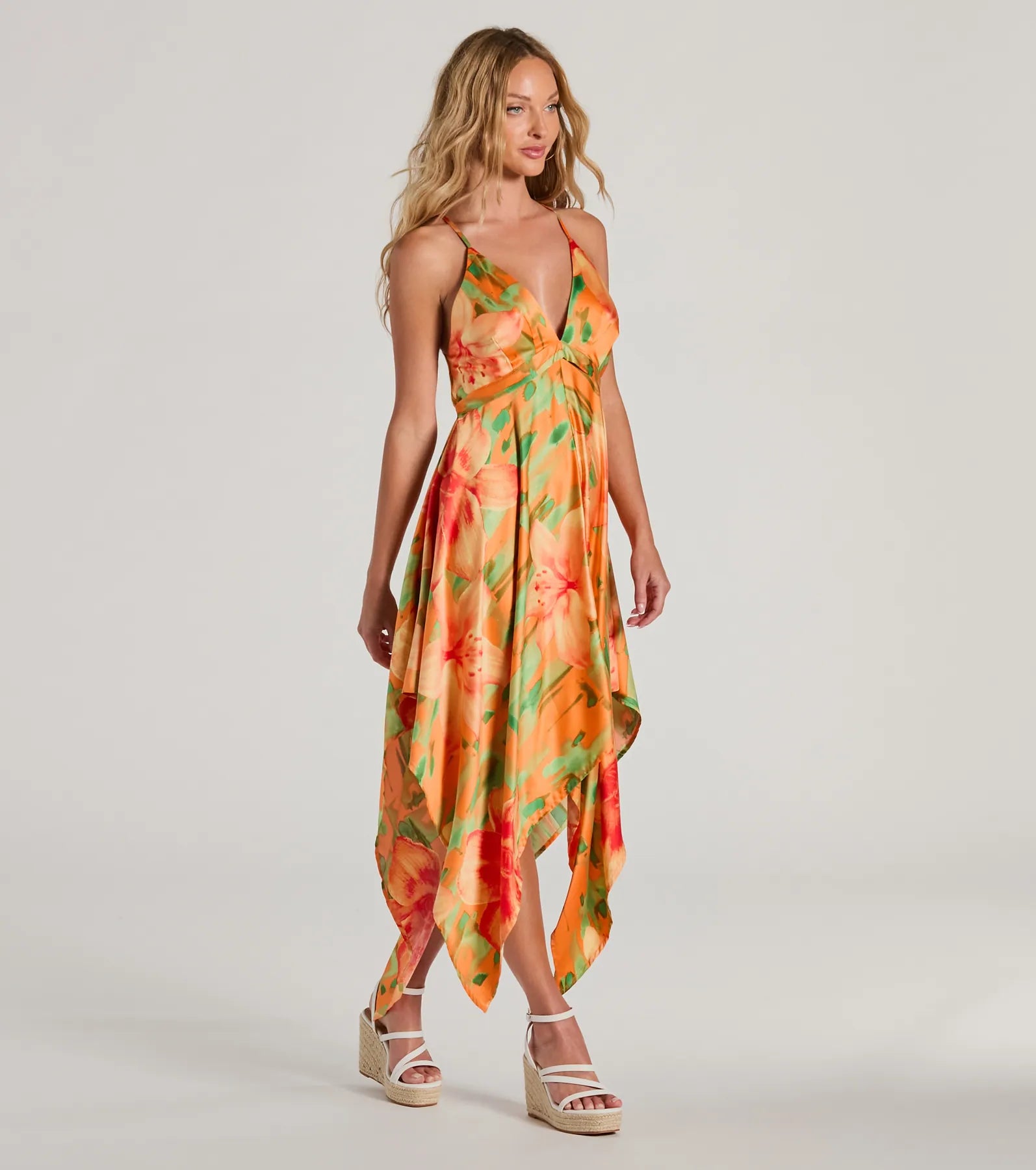 Paradise Bound Tropical Floral Satin Midi Dress - Image 4