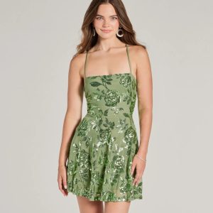 Sparkling Beauty Lace-Up Floral Sequin Skater Dress