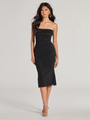 Glimmering Chic Glitter Mesh Strapless Midi Dress