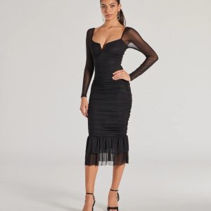Elegant Ruched And Ruffled Mesh Midi Dress