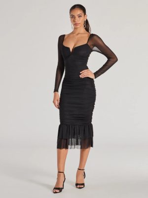Elegant Ruched And Ruffled Mesh Midi Dress