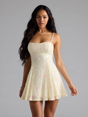 Whimsical Sparkle Butterfly Sequin Lace-Up Skater Dress