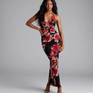 Gorgeous Soul Floral Halter Bodycon Maxi Dress