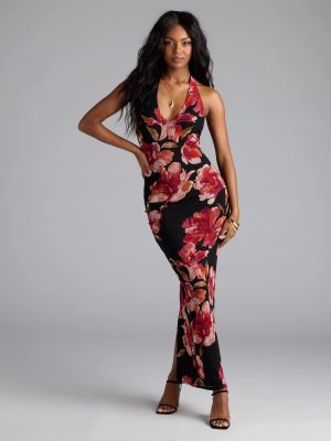 Gorgeous Soul Floral Halter Bodycon Maxi Dress
