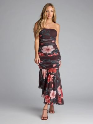 Golden Hour Tropical Floral Mesh Midi Dress