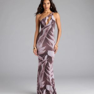 Vacay Mode Tropical Print One-Shoulder Maxi Dress