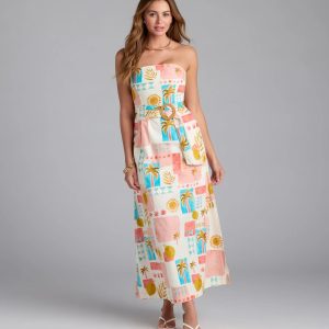 Jetset Babe Tropical Print Belted Maxi Dress