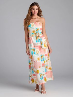 Jetset Babe Tropical Print Belted Maxi Dress