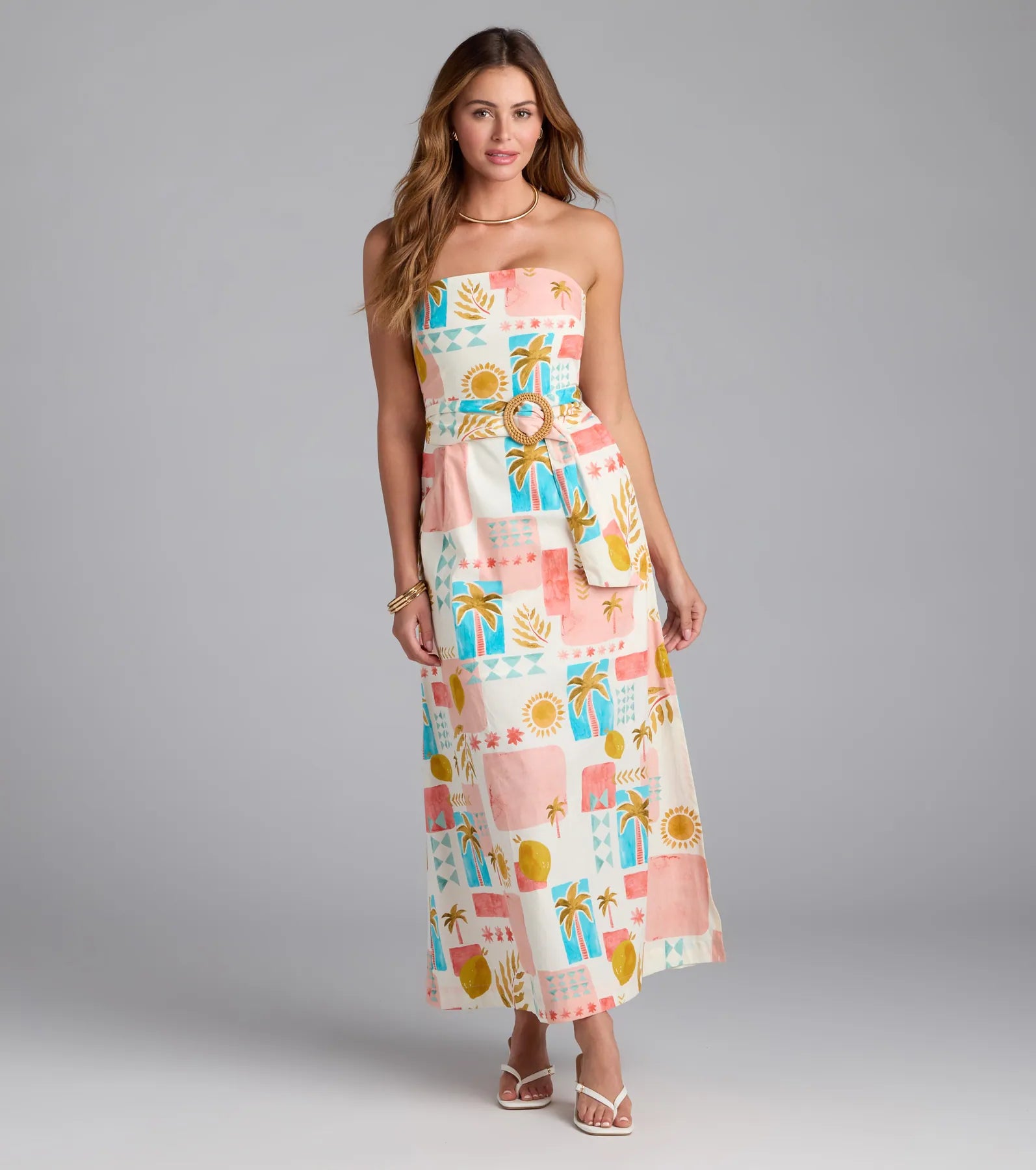 Jetset Babe Tropical Print Belted Maxi Dress