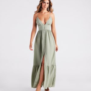 Swept Off Your Feet Button Ruffle Maxi Dress