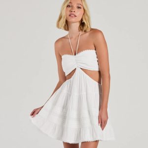 Sweetie Status Halter Crochet Trim Babydoll Dress