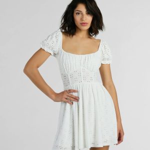 Charming Appeal Puff Sleeve Eyelet Knit Skater Dress