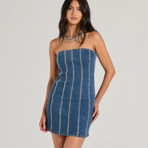 Tell Me About It Stud Strapless Denim Mini Dress