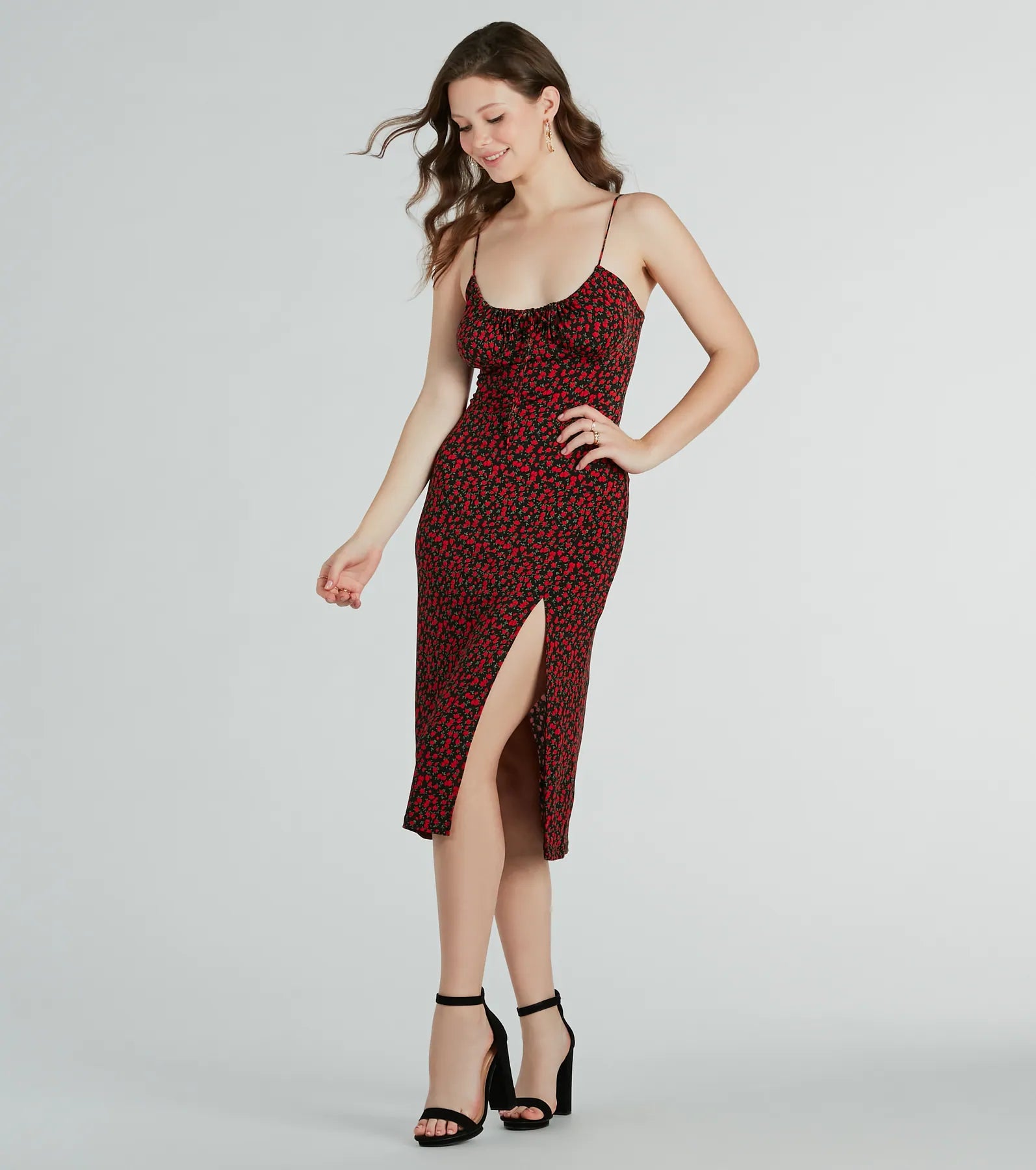 Sweet Flair High Slit Ditsy Floral Knit Midi Dress - Image 7