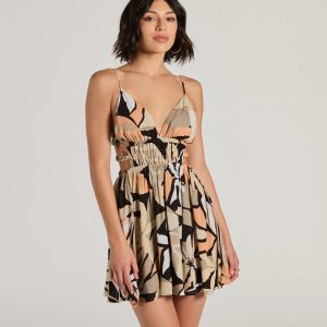 Strolls In The Sand V-Neck Tropical Skater Mini Dress