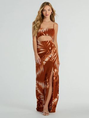Island Breeze Tropical Cutout Slit Maxi Dress