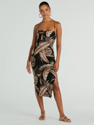 Alluring Vacay High Slit Tropical Mesh Midi Dress
