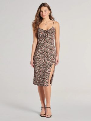 Sweet Flair High Slit Ditsy Floral Knit Midi Dress