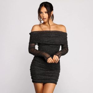 Shimmer Nights Off the Shoulder Glitter Mini Dress