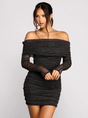 Shimmer Nights Off the Shoulder Glitter Mini Dress