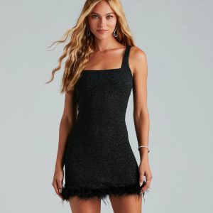 Glammed Out Glitter Marabou Trim Party Dress