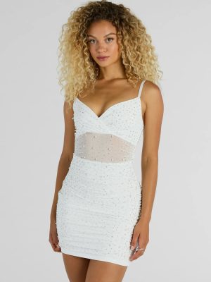 Yours Truly V-Neck Faux Pearl Rhinestone Mini Dress