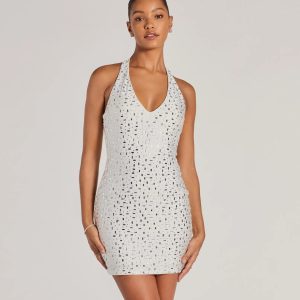 Forever Sparkling V-Neck Halter Rhinestone Mini Dress