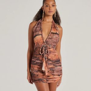 Style Muse Plunge Halter Braided Tie Mesh Mini Dress