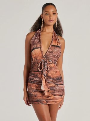 Style Muse Plunge Halter Braided Tie Mesh Mini Dress