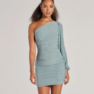 Glitzy Status One-Shoulder Glitter Knit Mini Dress