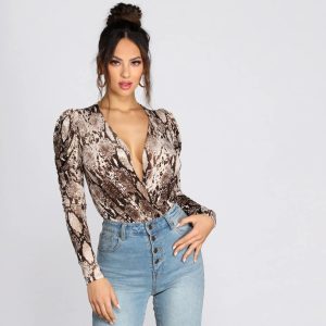 Puff Sleeve Snake Print Bodysuit