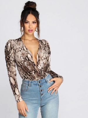 Puff Sleeve Snake Print Bodysuit