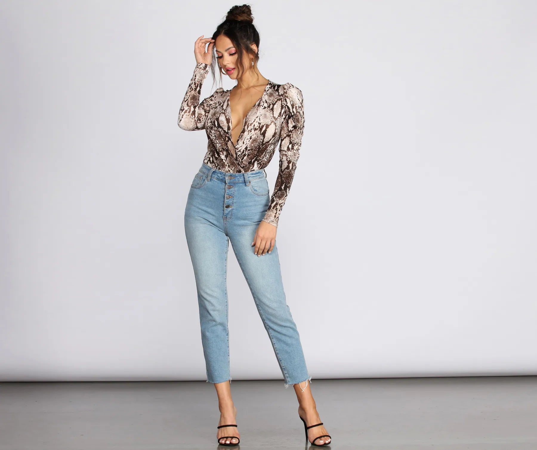 Puff Sleeve Snake Print Bodysuit - Image 4