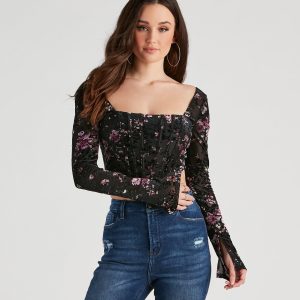 Trendy Florals Flocked Velvet Corset Top