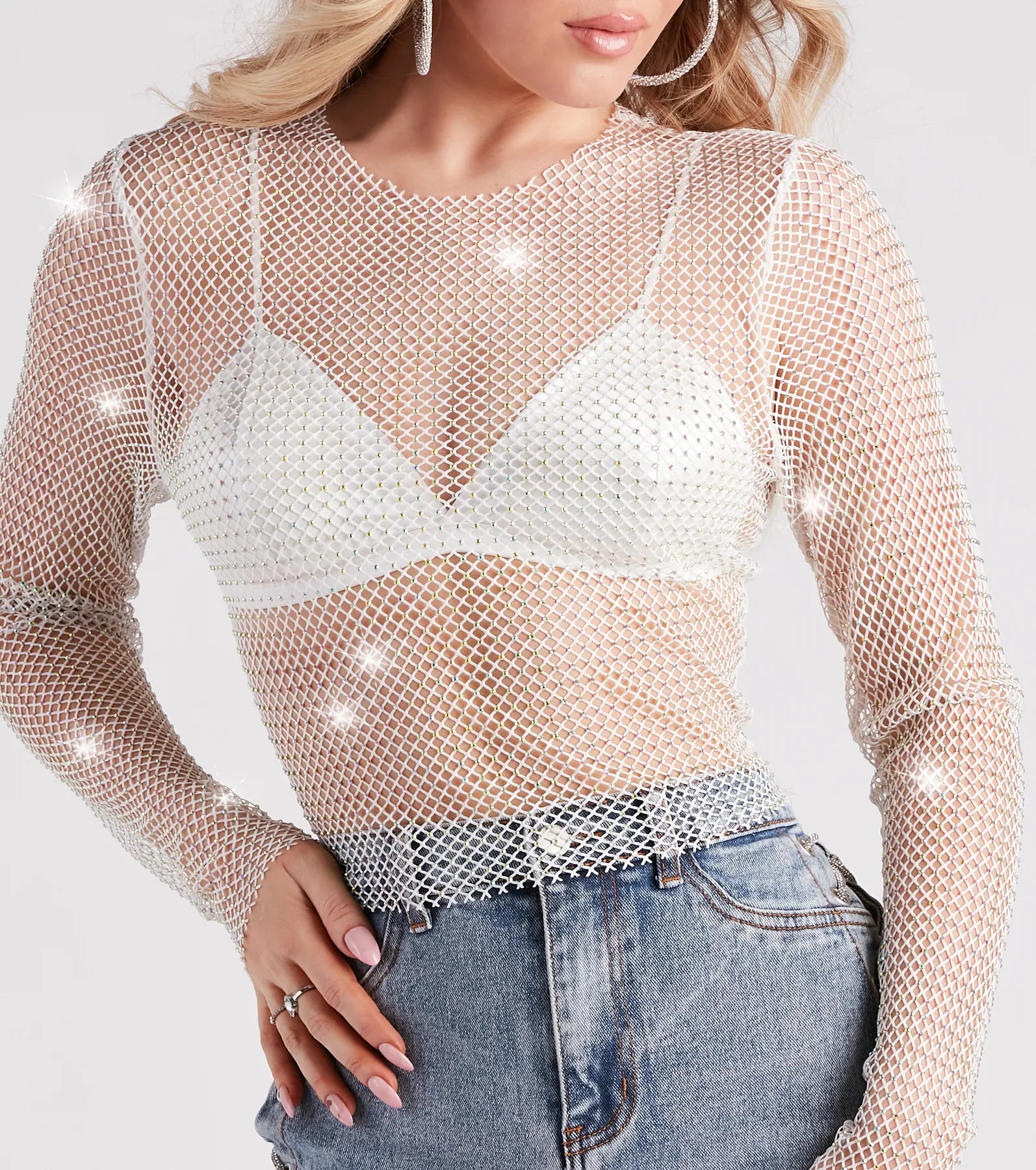 Glitzy Muse Rhinestone Fishnet Crop Top - Image 4