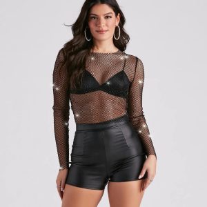 Edgy Glam Girl Rhinestone Fishnet Top
