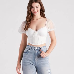 Cute Staple Mesh Puff Sleeve Bustier