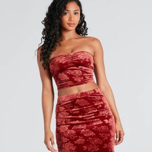 Loves Me Velvet Floral Strapless Crop Top