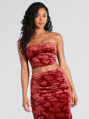 Loves Me Velvet Floral Strapless Crop Top