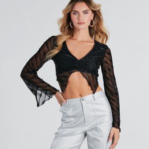 Here For Attention Mesh Striped Crop Top