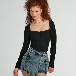 Sweet 'Fit Long Sleeve Textured Knit Corset Top