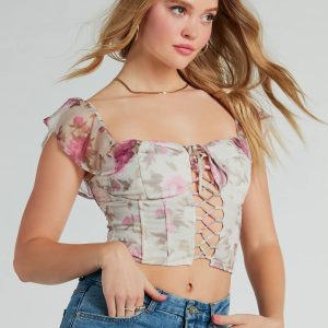 Gorgeous Blooms Lace-Up Floral Mesh Corset Top