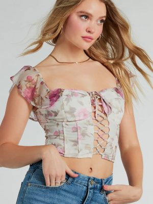 Gorgeous Blooms Lace-Up Floral Mesh Corset Top