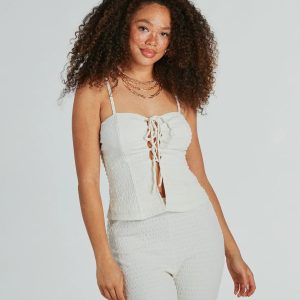 So Boho Lace-Up Crinkle Knit Top
