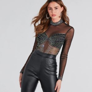 Rising Star Rhinestone Mock Neck Mesh Bodysuit