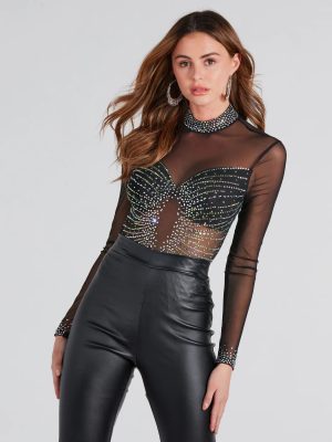 Rising Star Rhinestone Mock Neck Mesh Bodysuit