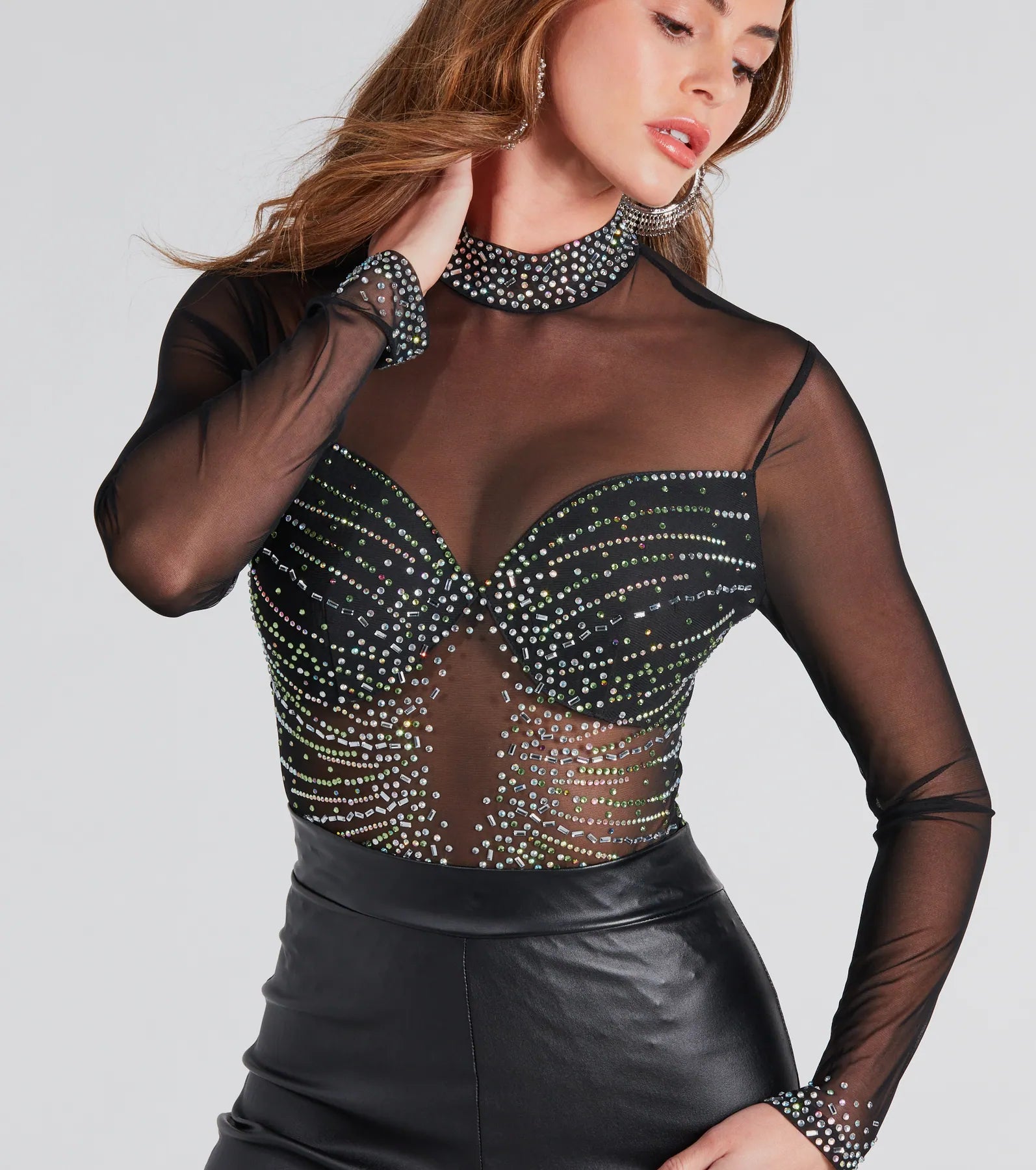 Rising Star Rhinestone Mock Neck Mesh Bodysuit - Image 3