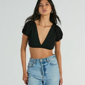 Adorable Allure Puff Sleeve Tie-Back Crop Top