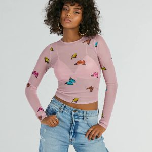 Butterfly Effect Long Sleeve Mesh Crop Top
